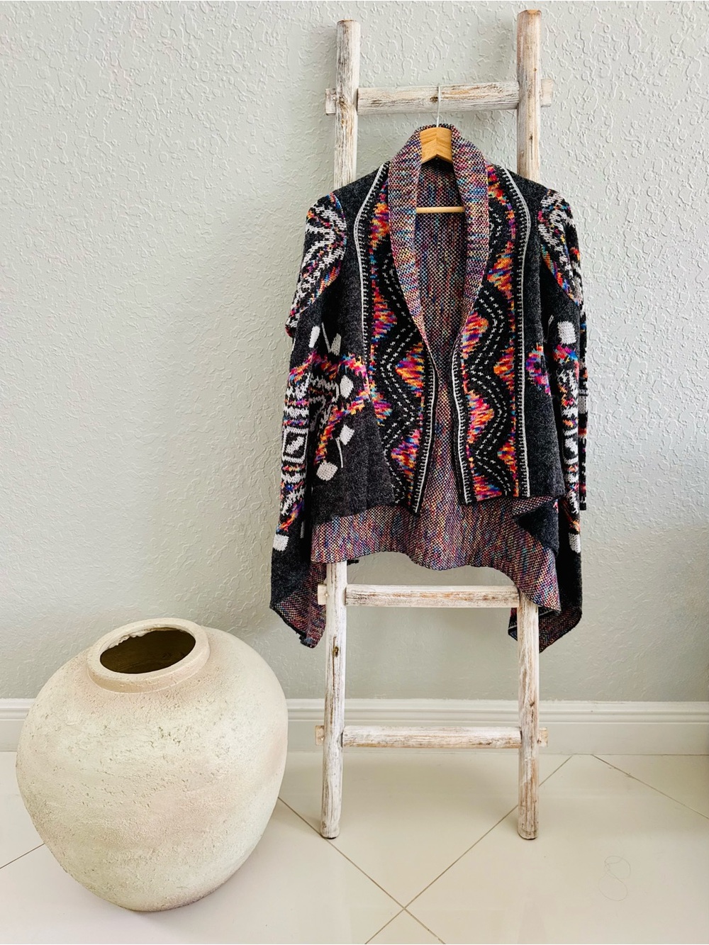 Open Front Cardigan Boho Southwestern Aztec Draped Black Multi OSFM